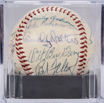 Remarkable Hall of Famers Signed ONL Giles Baseball Featuring 23 Greats Including Jackie Robinson, Ty Cobb, Mel Ott & Rogers Hornsby (PSA/DNA Nr Mint+ 7.5)